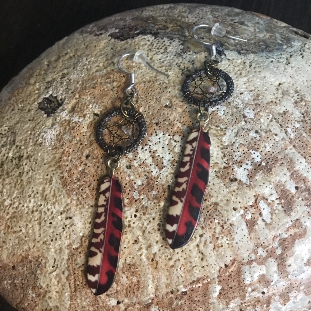Hand Crafted Bohemian Dream Catcher Diamond Earrings w/ Falcon Feather Charms - Picture 4 of 12